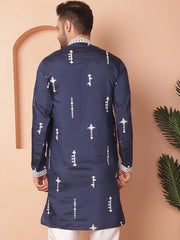 Men's Collar Chikankari Embroidered Kurtas-KO-5053Navy
