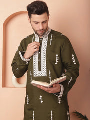 Men's Collar Chikankari Embroidered Kurtas-KO-5053Olive