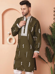 Men's Collar Chikankari Embroidered Kurtas-KO-5053Olive