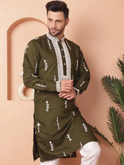 Men's Collar Chikankari Embroidered Kurtas-KO-5053Olive