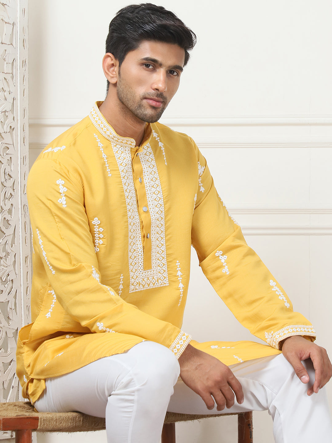 Yellow Chikankari Embroidered Mens Kurta | Indian Kurta