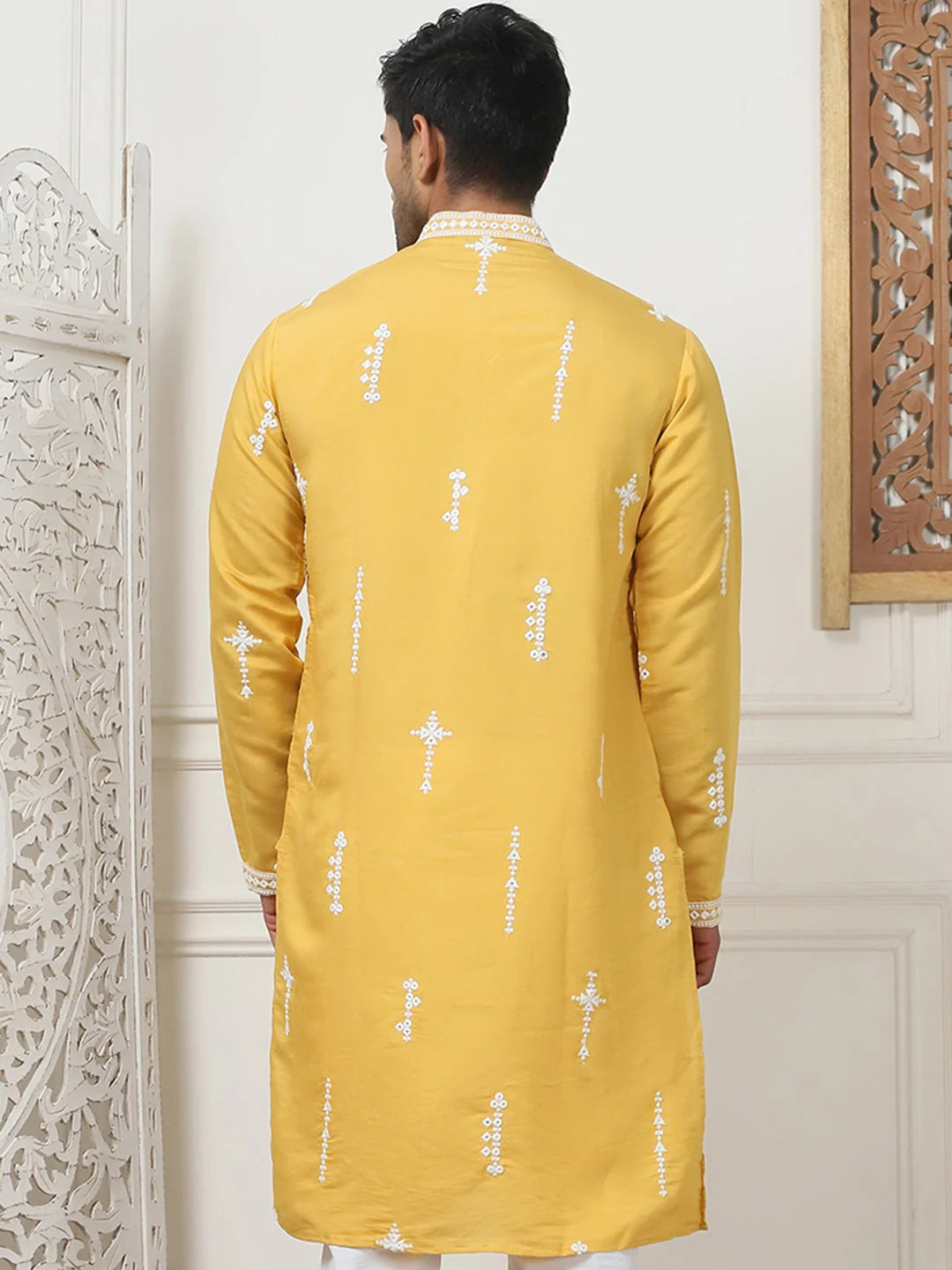 Yellow Chikankari Embroidered Mens Kurta | Indian Kurta