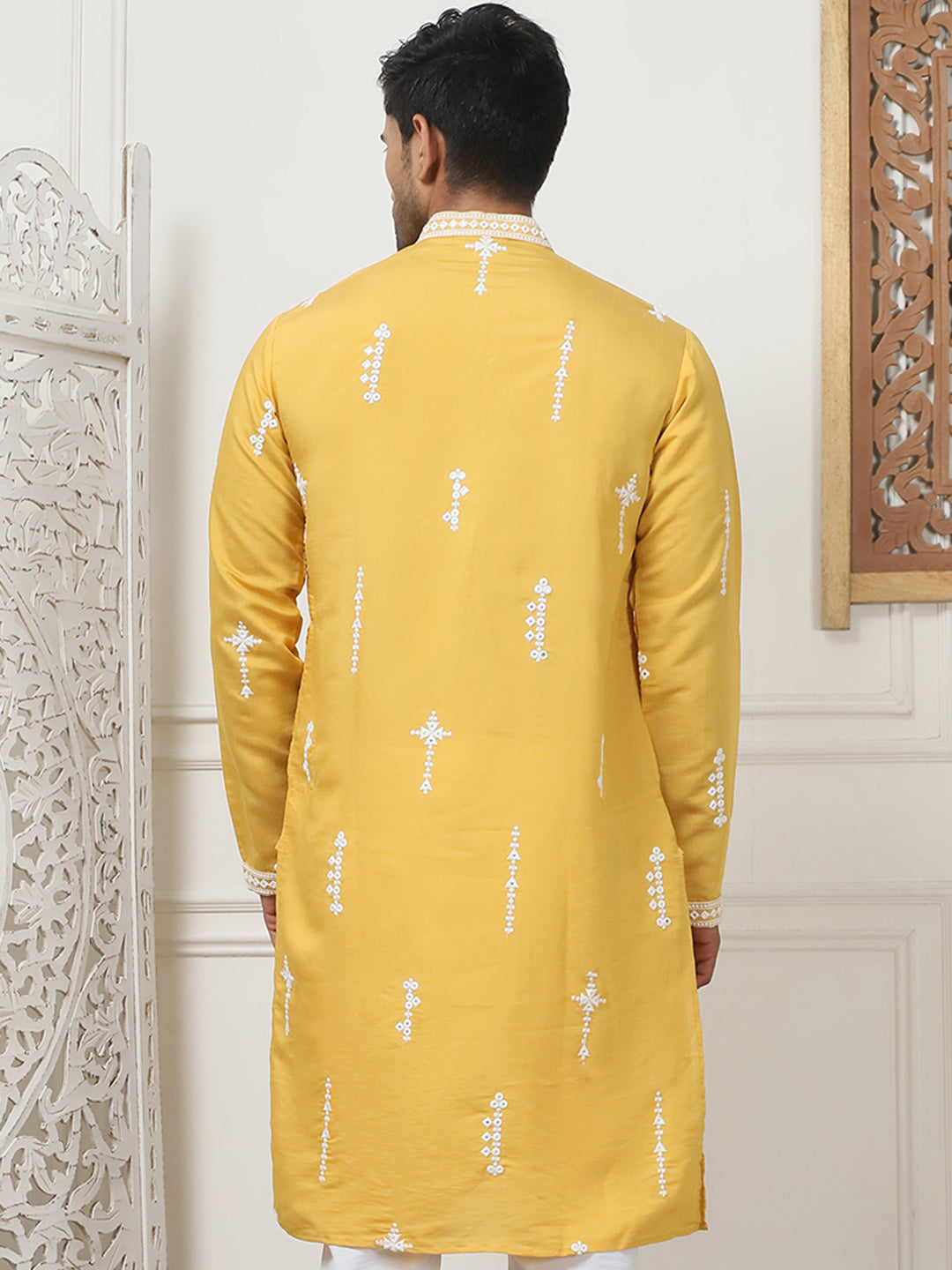 Yellow Chikankari Embroidered Mens Kurta | Indian Kurta