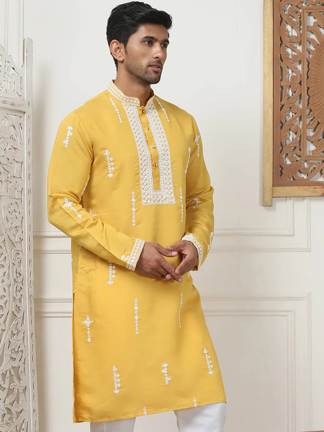 Yellow Chikankari Embroidered Mens Kurta | Indian Kurta