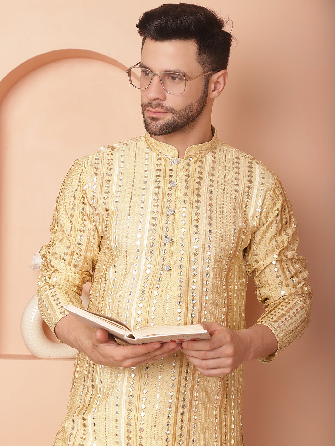 Golden Embroidered Men's Kurta - Wedding Kurta for Men
