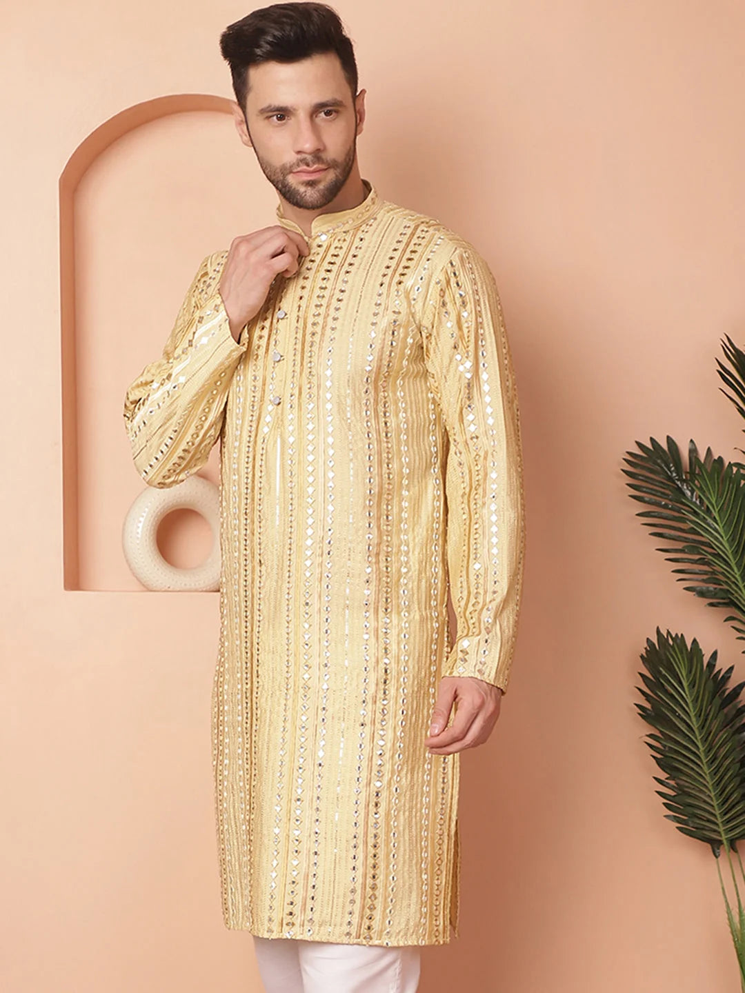 Golden Embroidered Men's Kurta - Wedding Kurta for Men