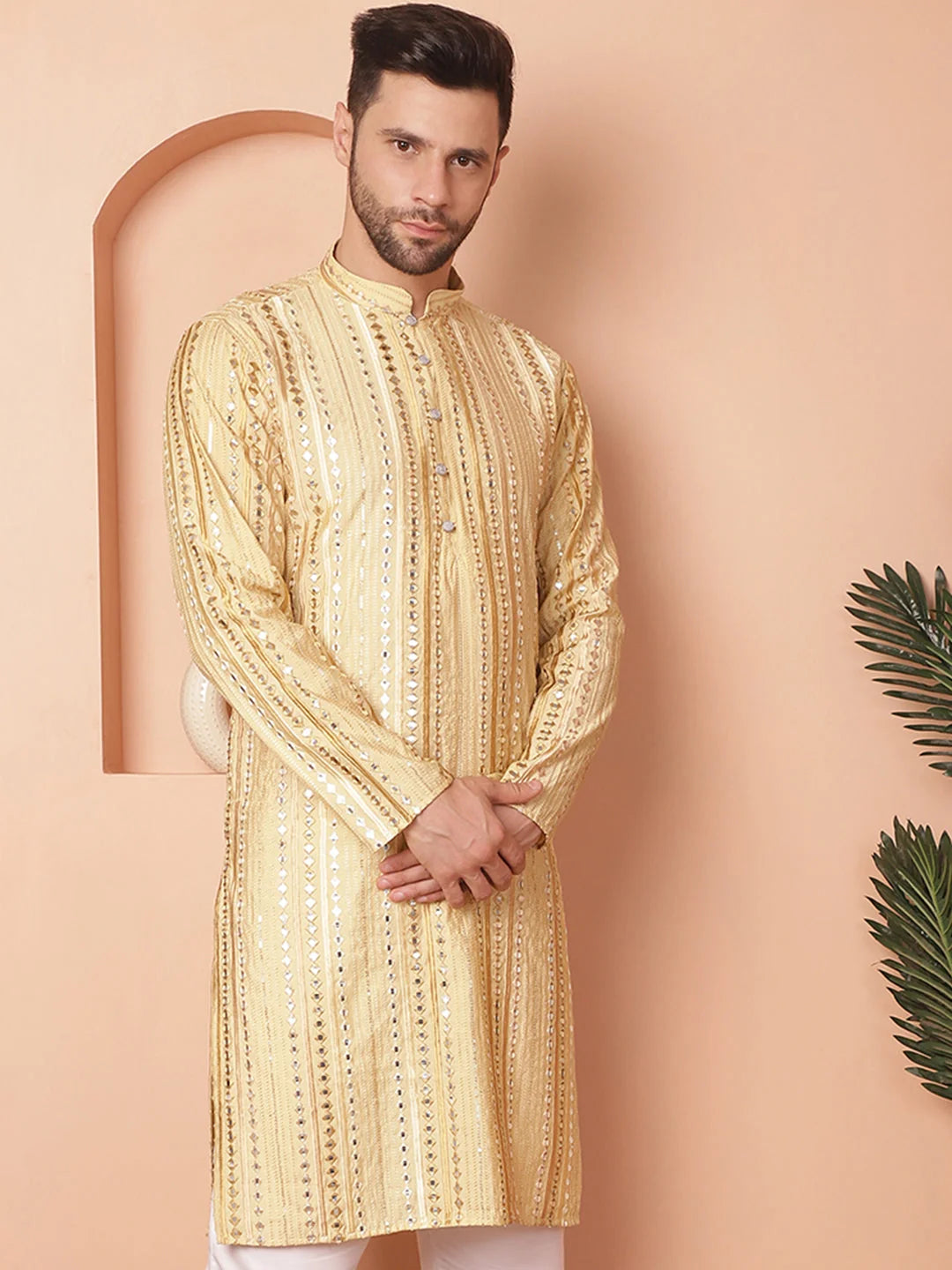 Golden Embroidered Men's Kurta - Wedding Kurta for Men