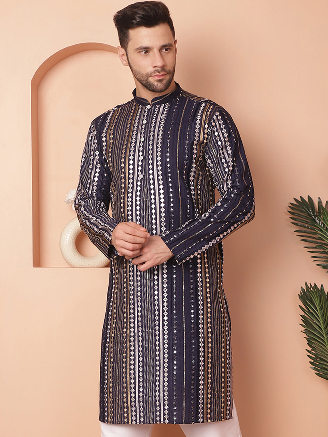 Navy Embroidered Men's Kurta - Indian Kurta for Men