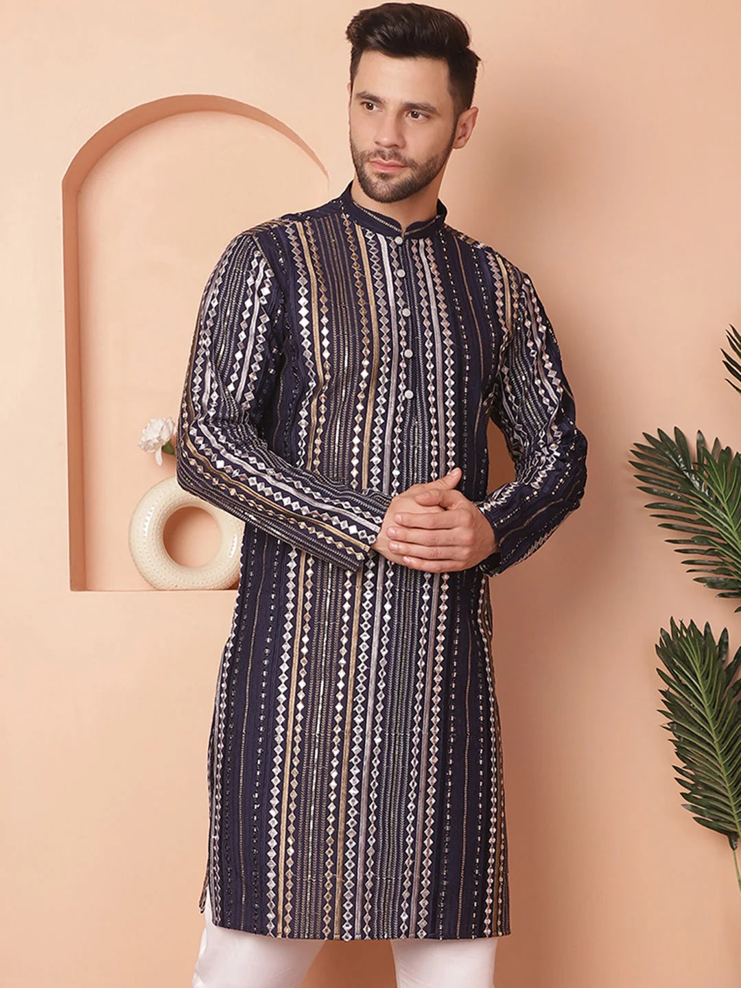 Navy Embroidered Men's Kurta - Indian Kurta for Men