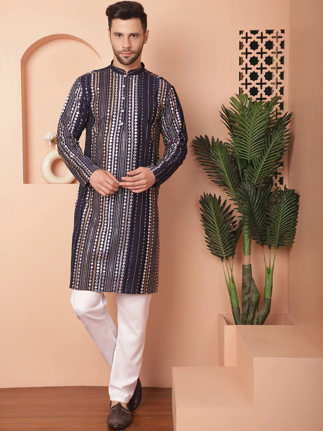 Navy Embroidered Men's Kurta - Indian Kurta for Men