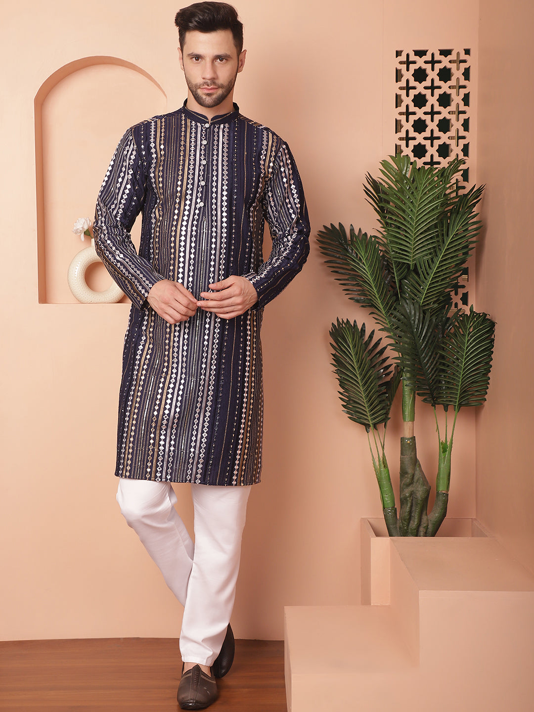 Navy Embroidered Men's Kurta - Indian Kurta for Men