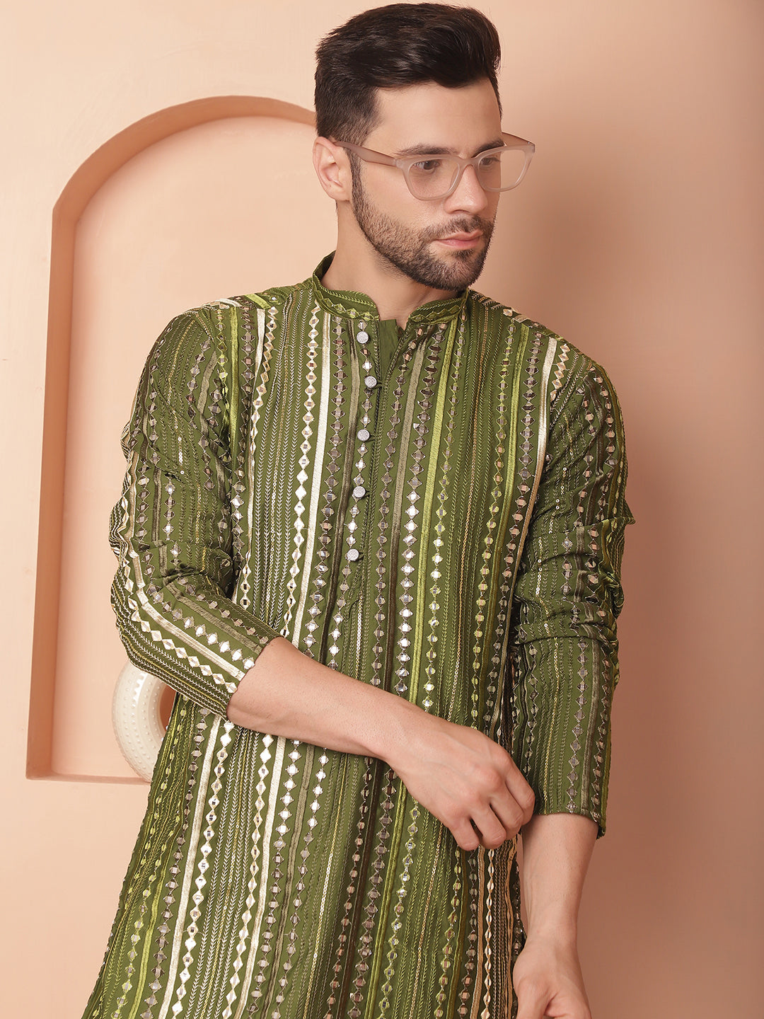 Men's Mirror Work Kurtas-KO-5055Olive