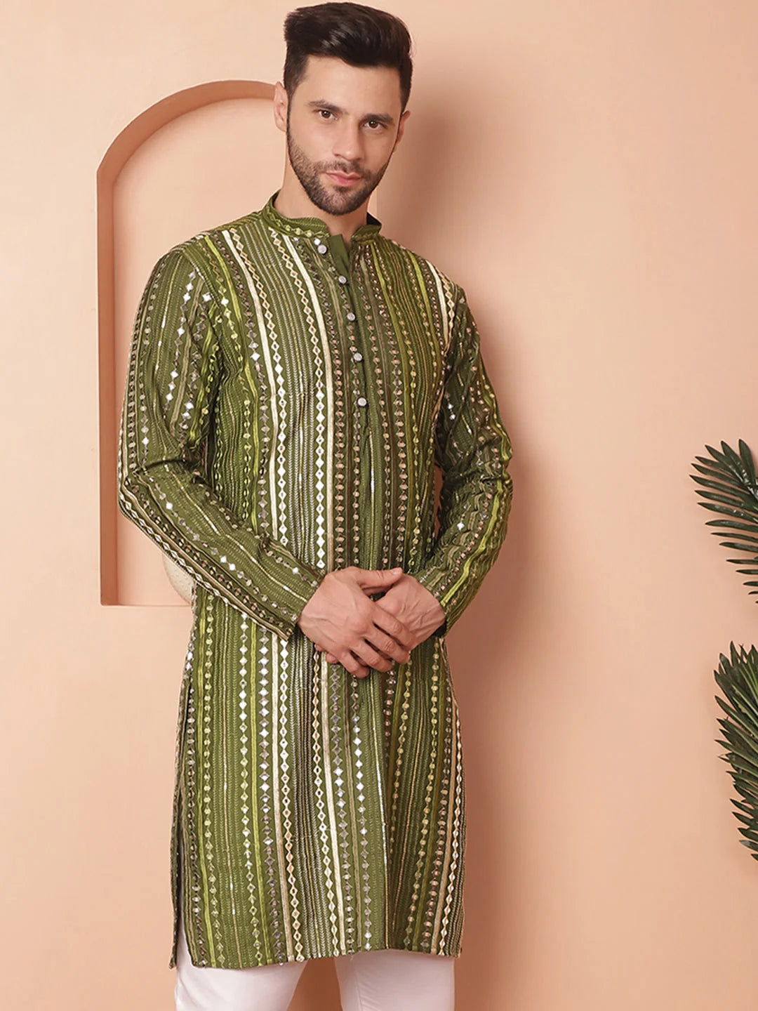 Olive Embroidered Men's Kurta - Indian Kurta for Men