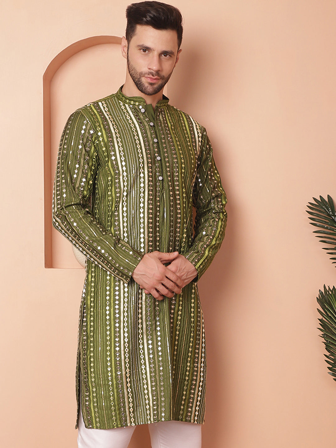 Olive Embroidered Men's Kurta - Indian Kurta for Men