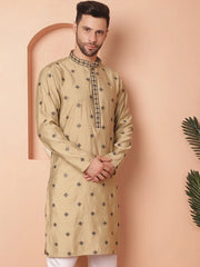 Men's Collar Chikankari Embroidered Kurtas-KO-5056Beige