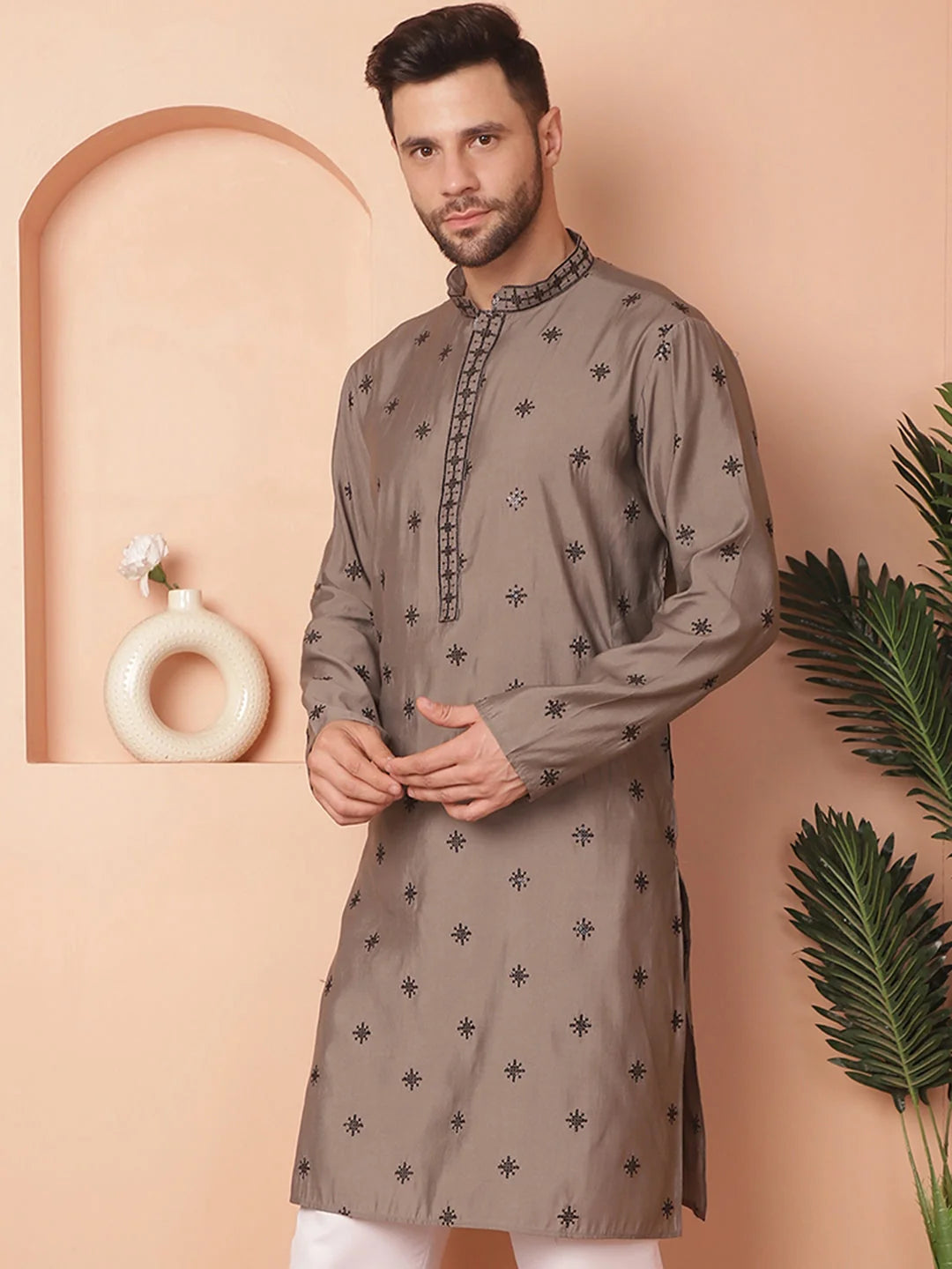 Grey Chikankari Indian Kurta for Men - Mens Kurta Available