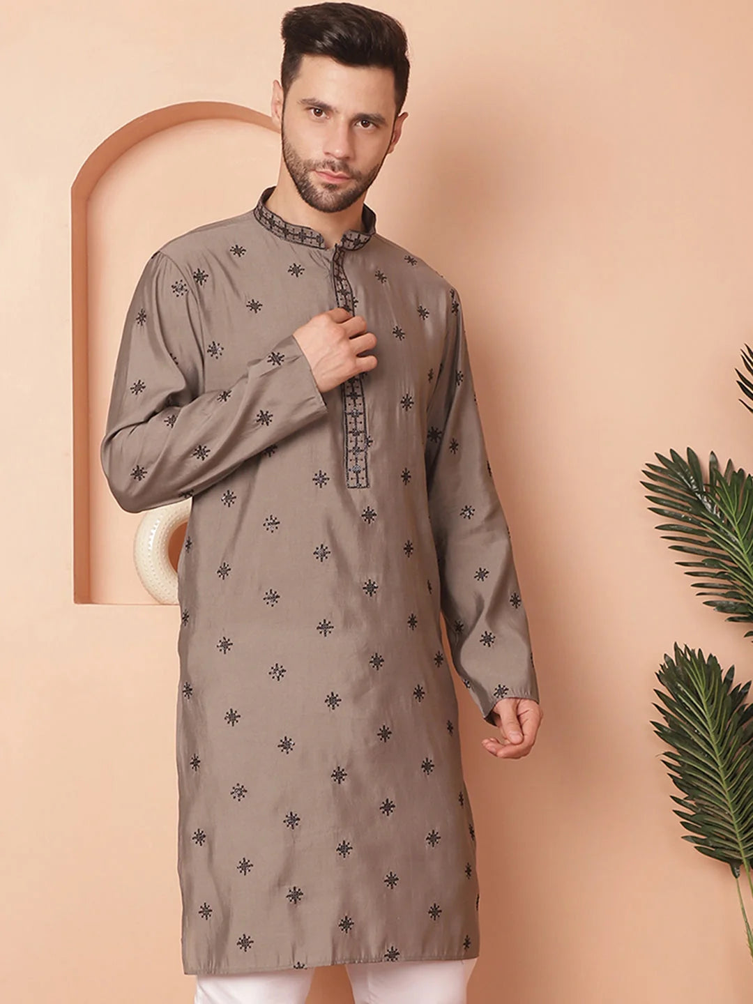 Grey Chikankari Indian Kurta for Men - Mens Kurta Available