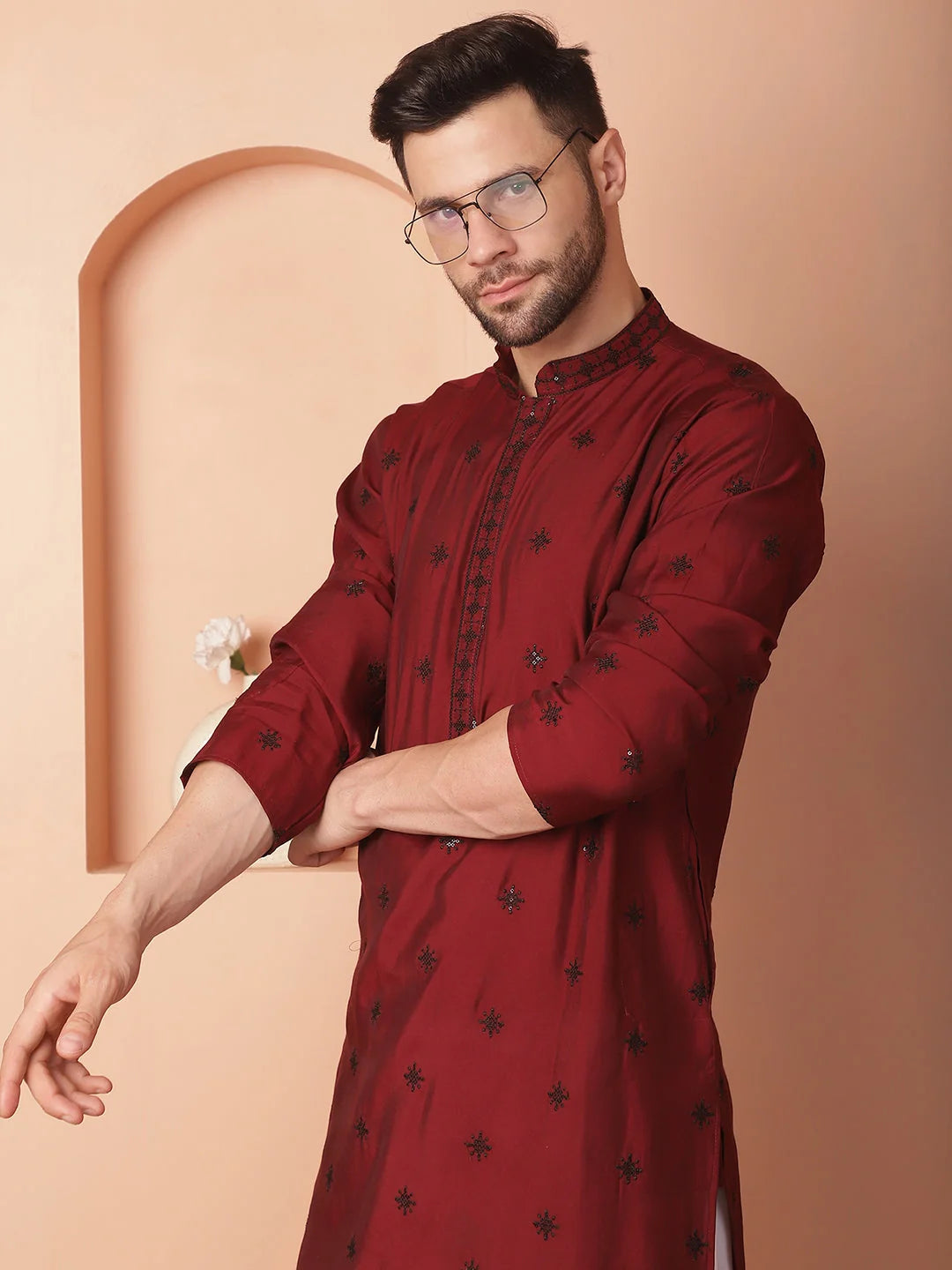 Maroon Chikankari Mens Kurta - Wedding Kurta for Men Online