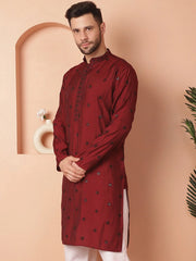 Men's Collar Chikankari Embroidered Kurtas-KO-5056Maroon