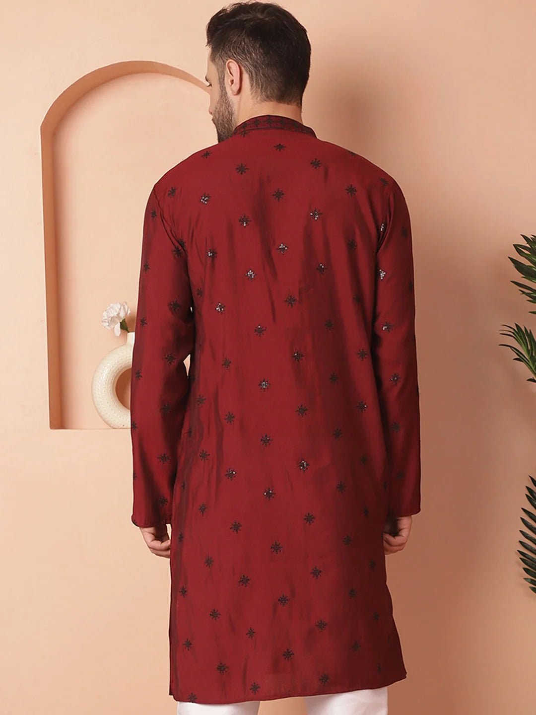 Maroon Chikankari Mens Kurta - Wedding Kurta for Men Online