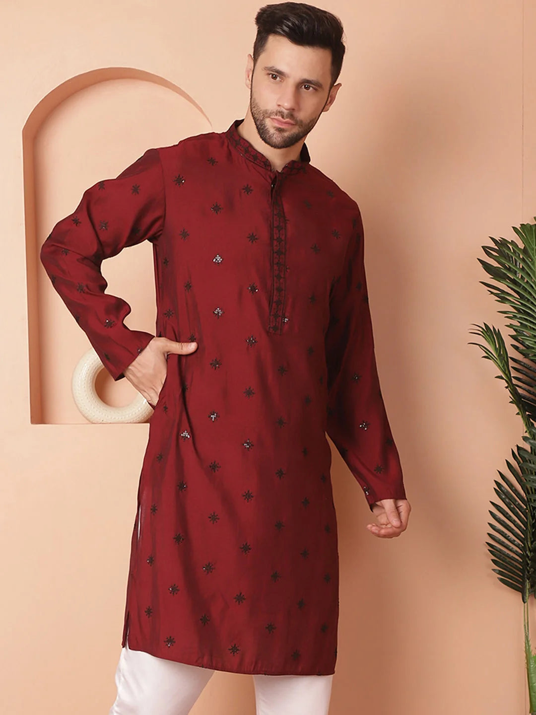 Maroon Chikankari Mens Kurta - Wedding Kurta for Men Online