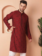 Men's Collar Chikankari Embroidered Kurtas-KO-5056Maroon