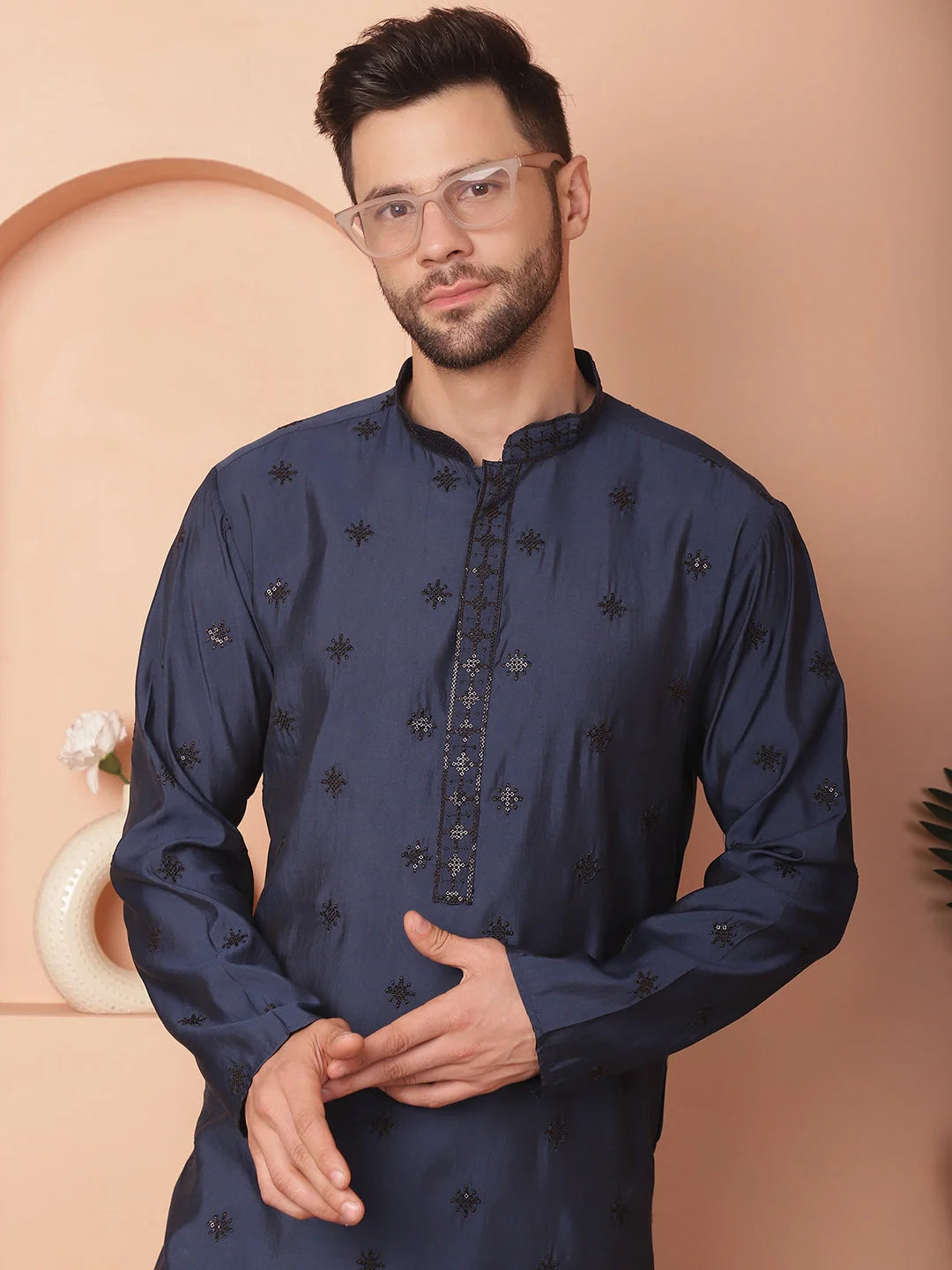 Men's Collar Chikankari Embroidered Kurtas-KO-5056Navy