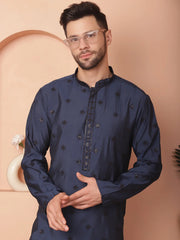 Men's Collar Chikankari Embroidered Kurtas-KO-5056Navy