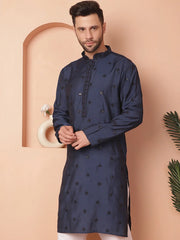 Men's Collar Chikankari Embroidered Kurtas-KO-5056Navy