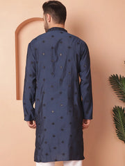 Men's Collar Chikankari Embroidered Kurtas-KO-5056Navy