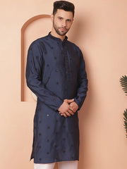 Men's Collar Chikankari Embroidered Kurtas-KO-5056Navy
