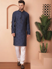 Men's Collar Chikankari Embroidered Kurtas-KO-5056Navy