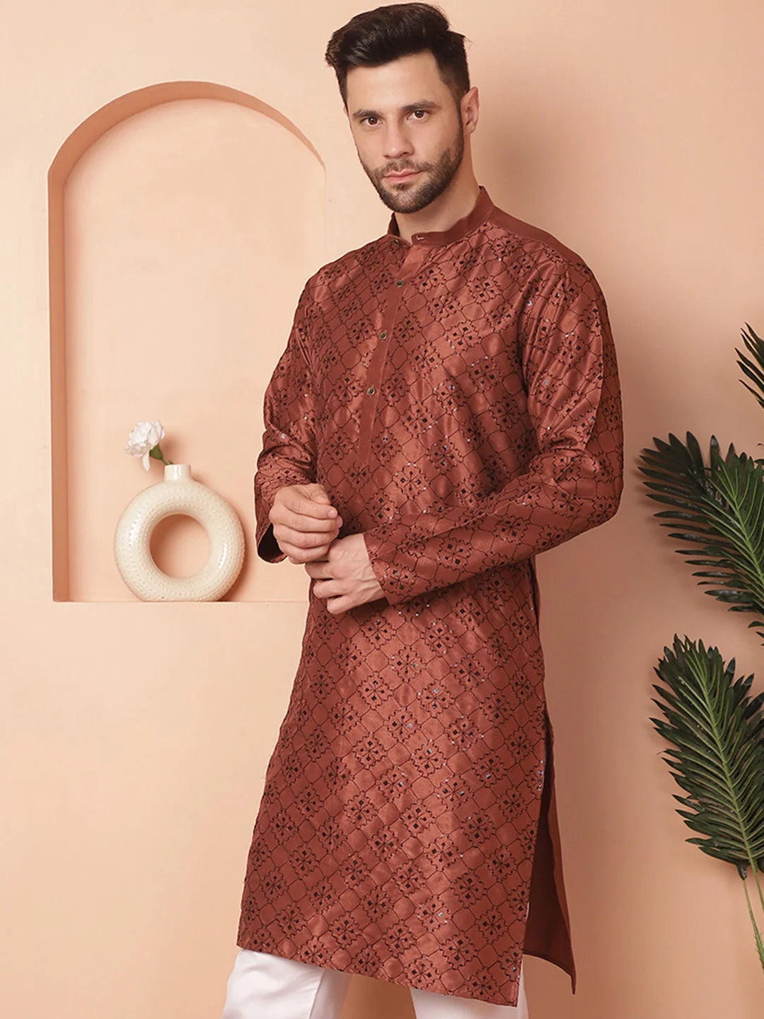 Brown Chikankari Mens Kurta - Indian Kurta for Men