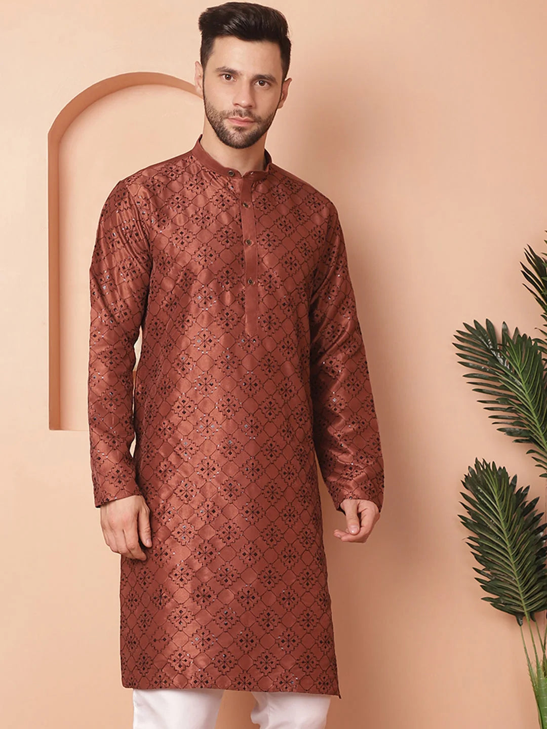 Brown Chikankari Mens Kurta - Indian Kurta for Men