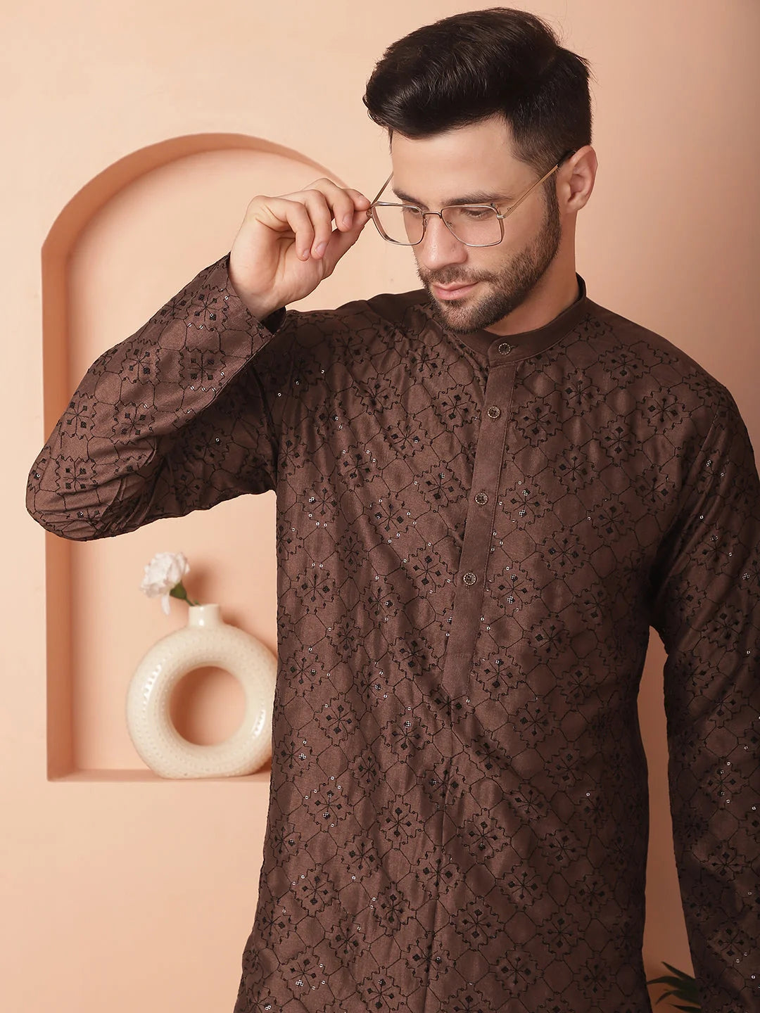 Coffee Chikankari Men's Kurta - Silk Kurta for Men