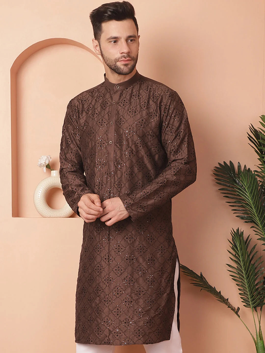 Coffee Chikankari Men's Kurta - Silk Kurta for Men