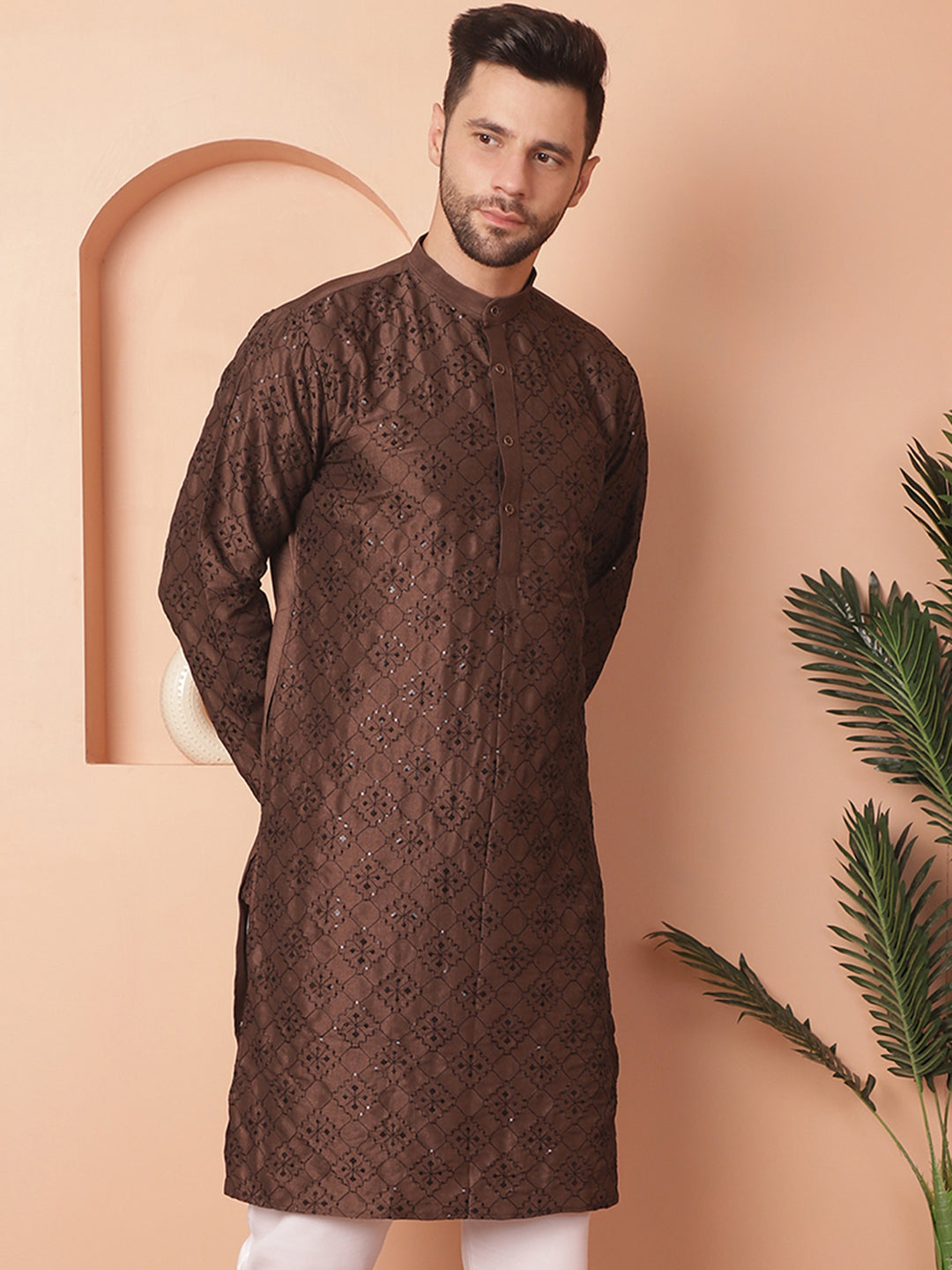 Coffee Chikankari Men's Kurta - Silk Kurta for Men