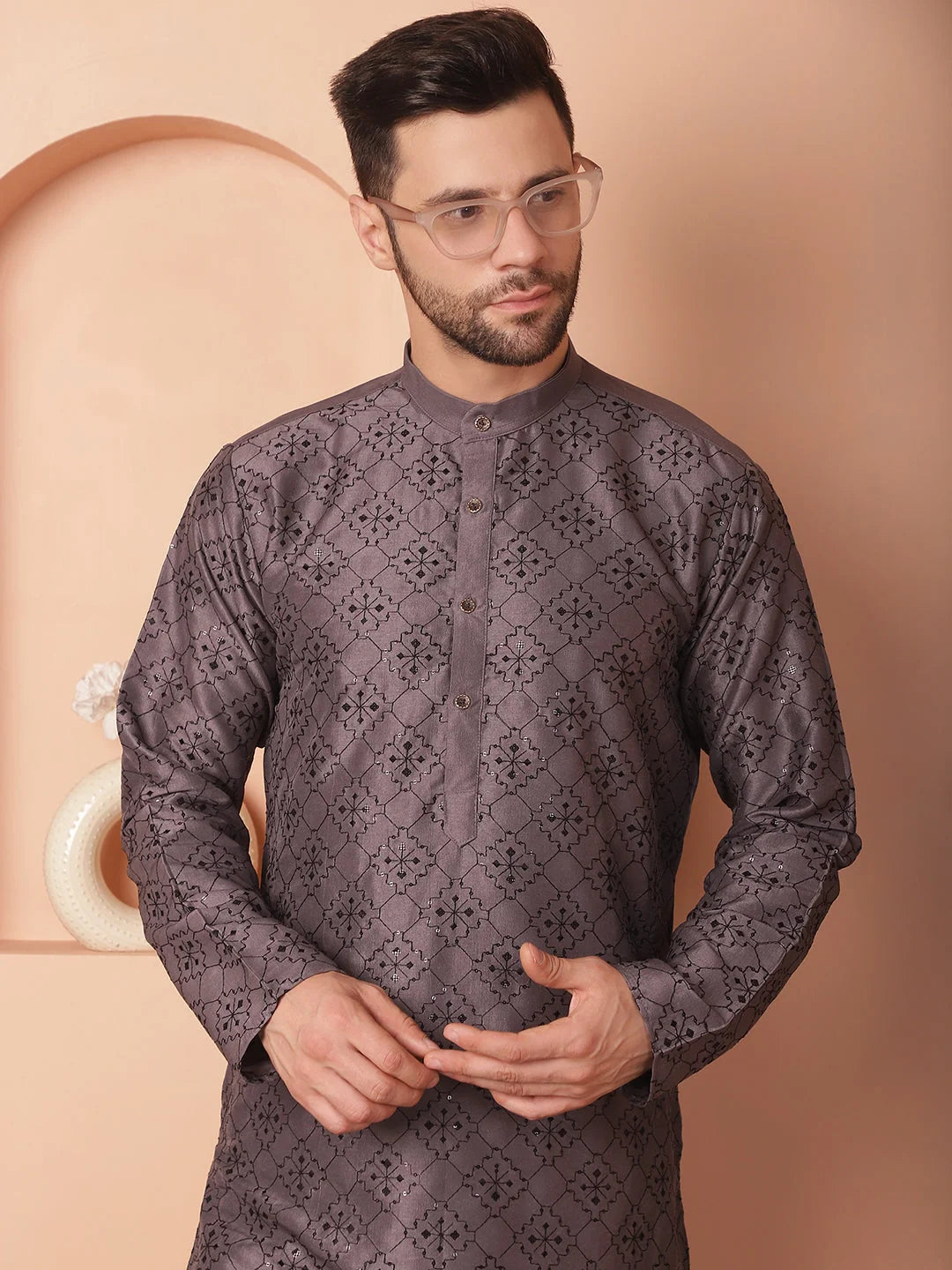Grey Chikankari Men's Kurta - Silk Indian Kurta for Men