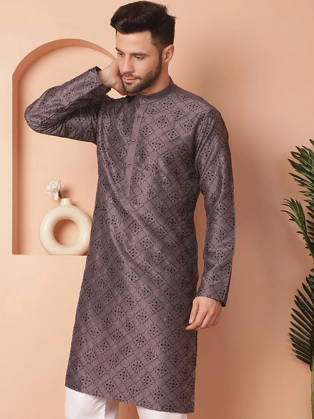 Grey Chikankari Men's Kurta - Silk Indian Kurta for Men