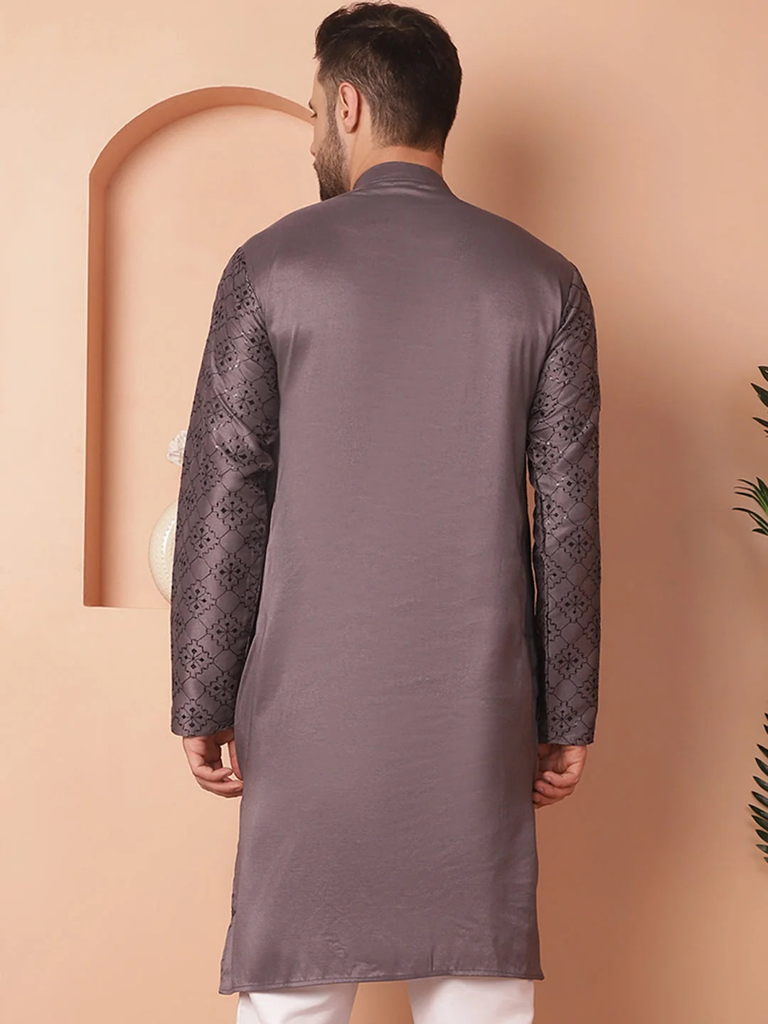 Grey Chikankari Men's Kurta - Silk Indian Kurta for Men