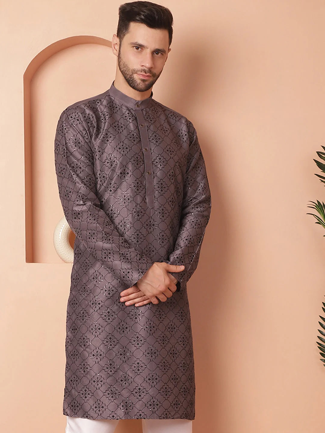 Grey Chikankari Men's Kurta - Silk Indian Kurta for Men