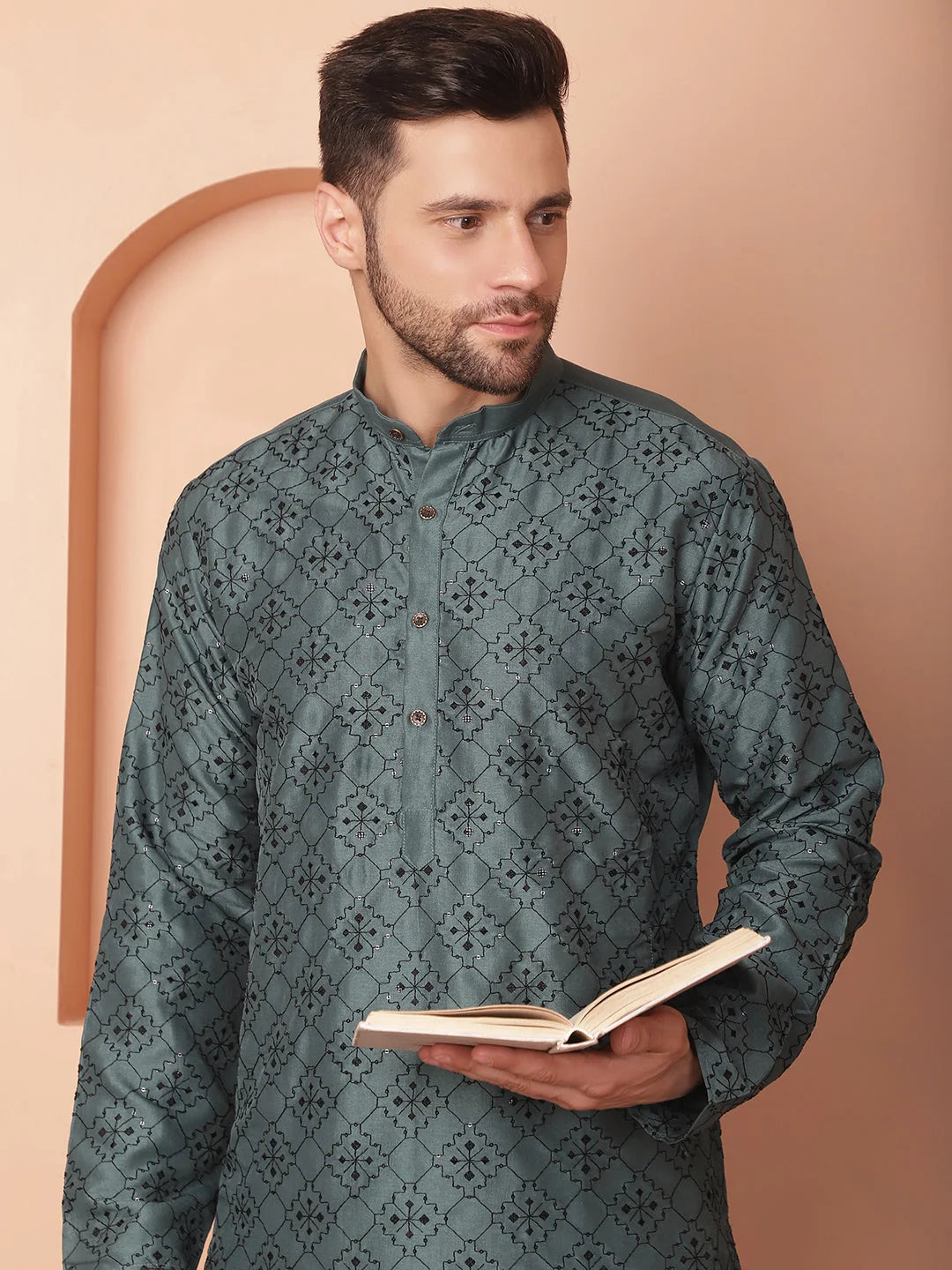 Teal Chikankari Men's Kurta - Silk Kurta for Men Online