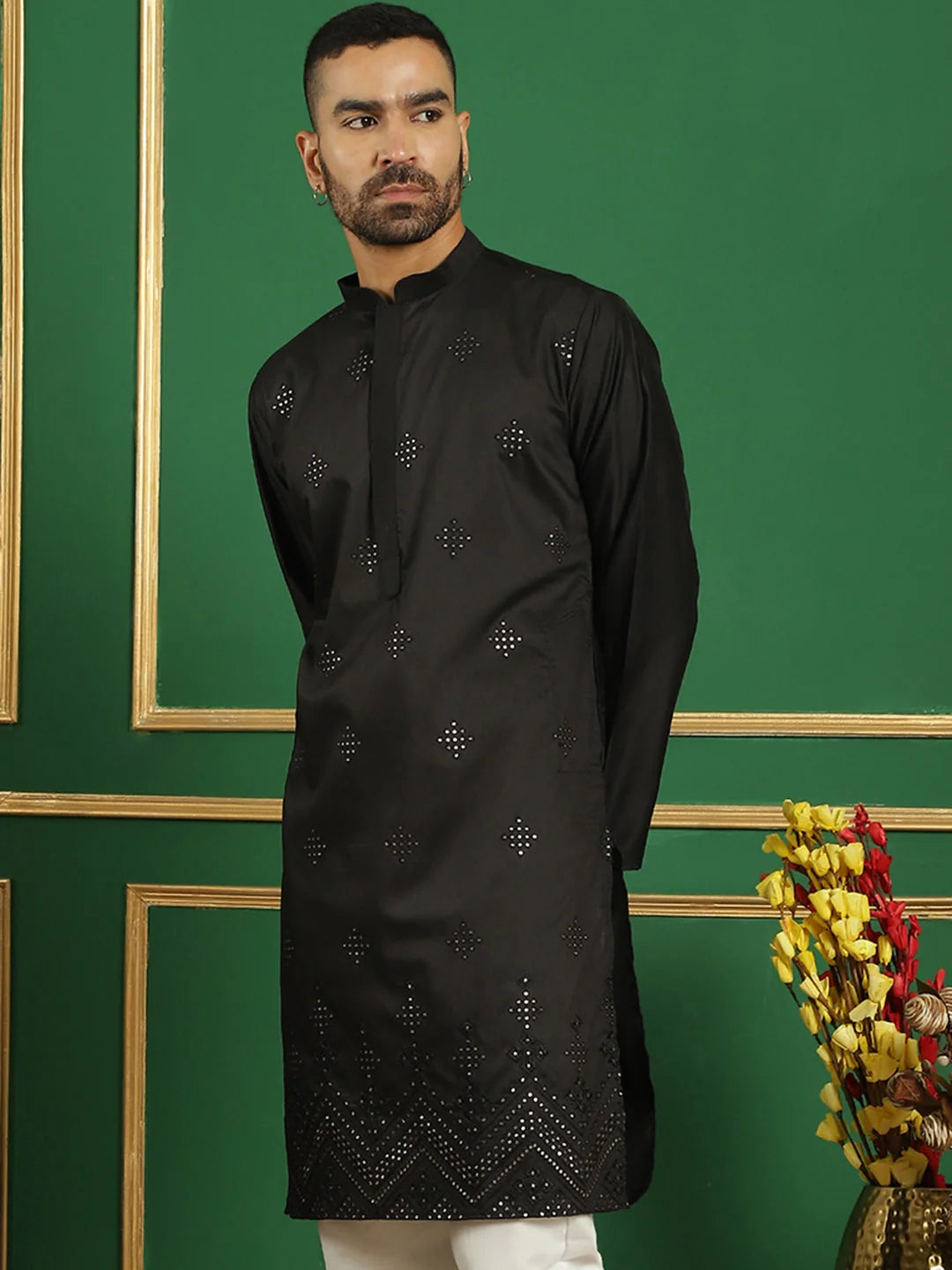 Men's Black Geometric Printed Kurta | Cotton Indian Kurta
