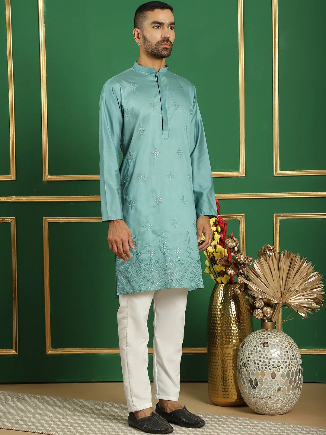 Men's Purple Embroidered Indian Kurta | Silk Wedding Kurta