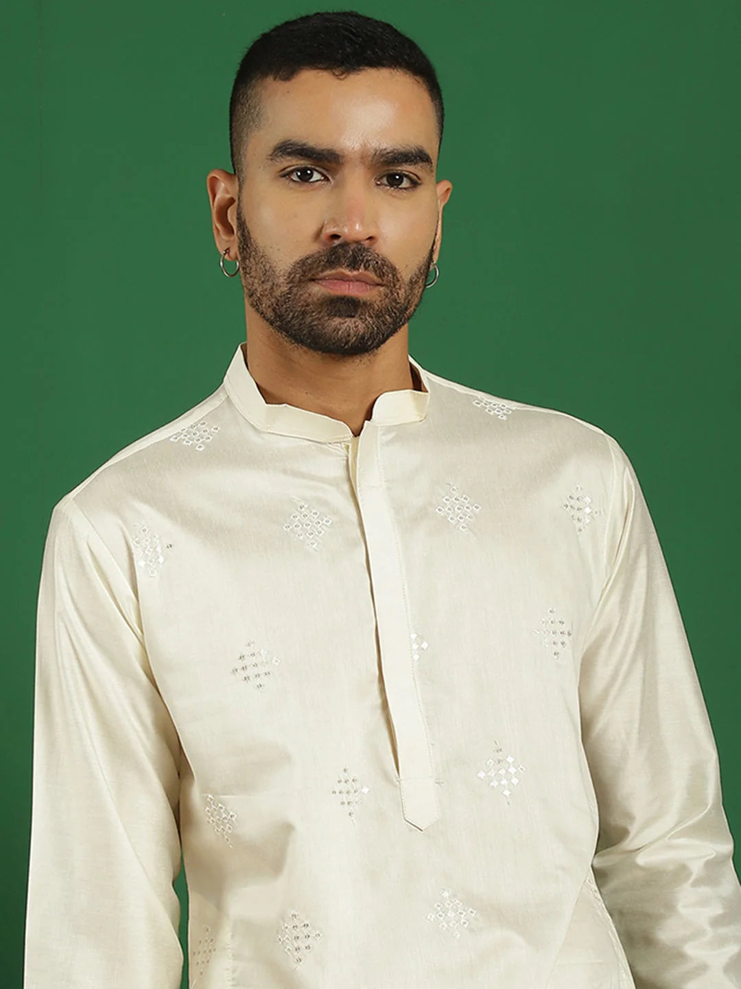 Men Pista Green Embroidered and Sequence Kurtas-KO-5059Cream