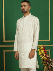 Men Pista Green Embroidered and Sequence Kurtas-KO-5059Cream