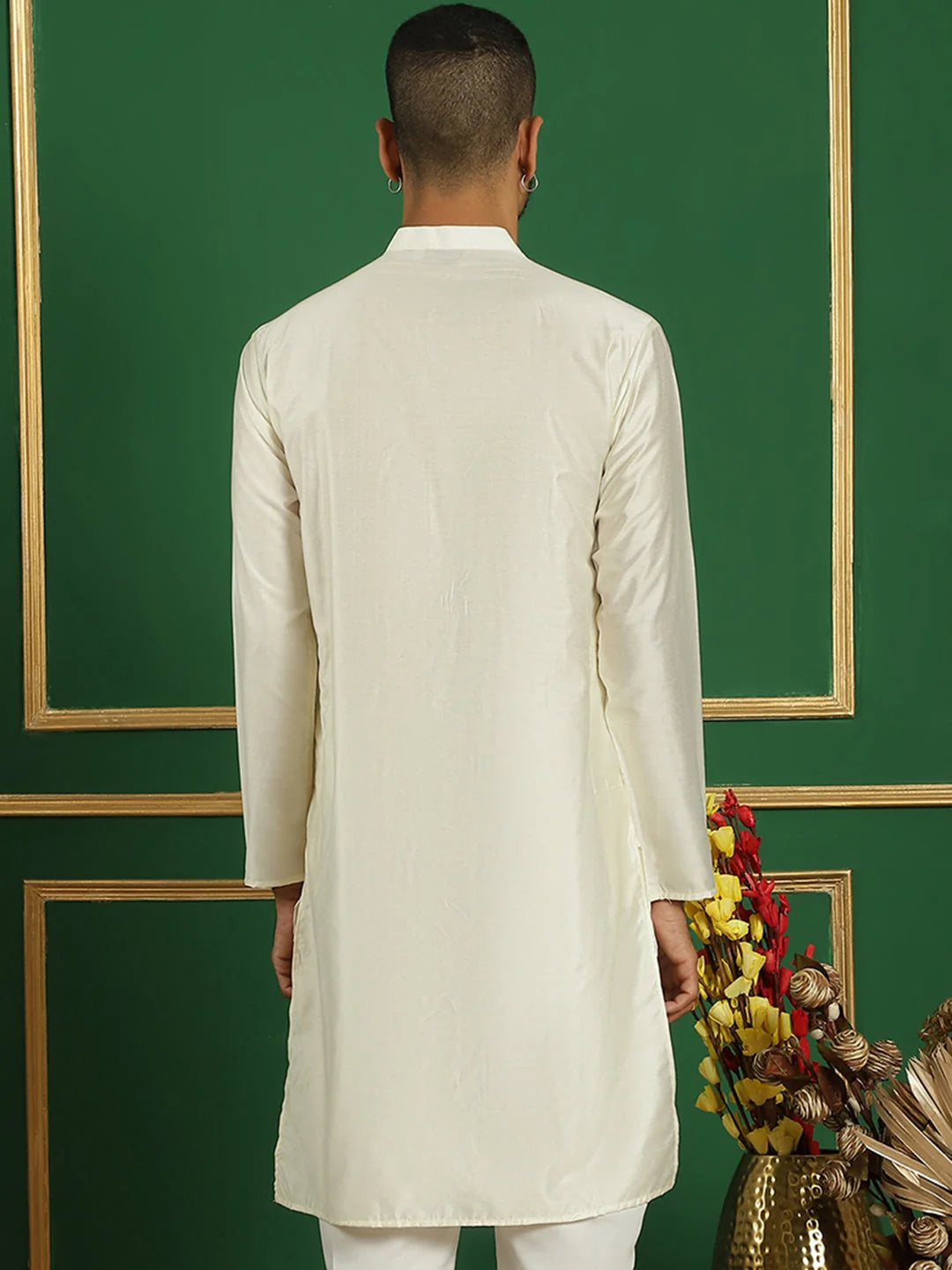 Men's Pista Green Embroidered Indian Kurta | Silk Kurta