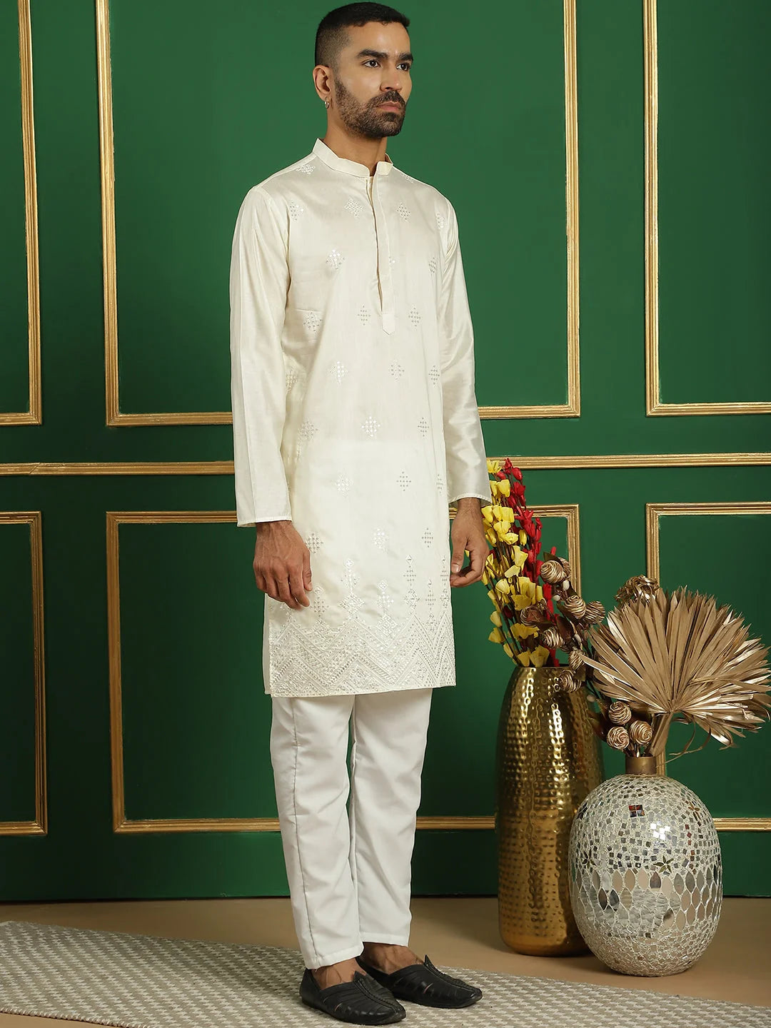 Men's Pista Green Embroidered Indian Kurta | Silk Kurta