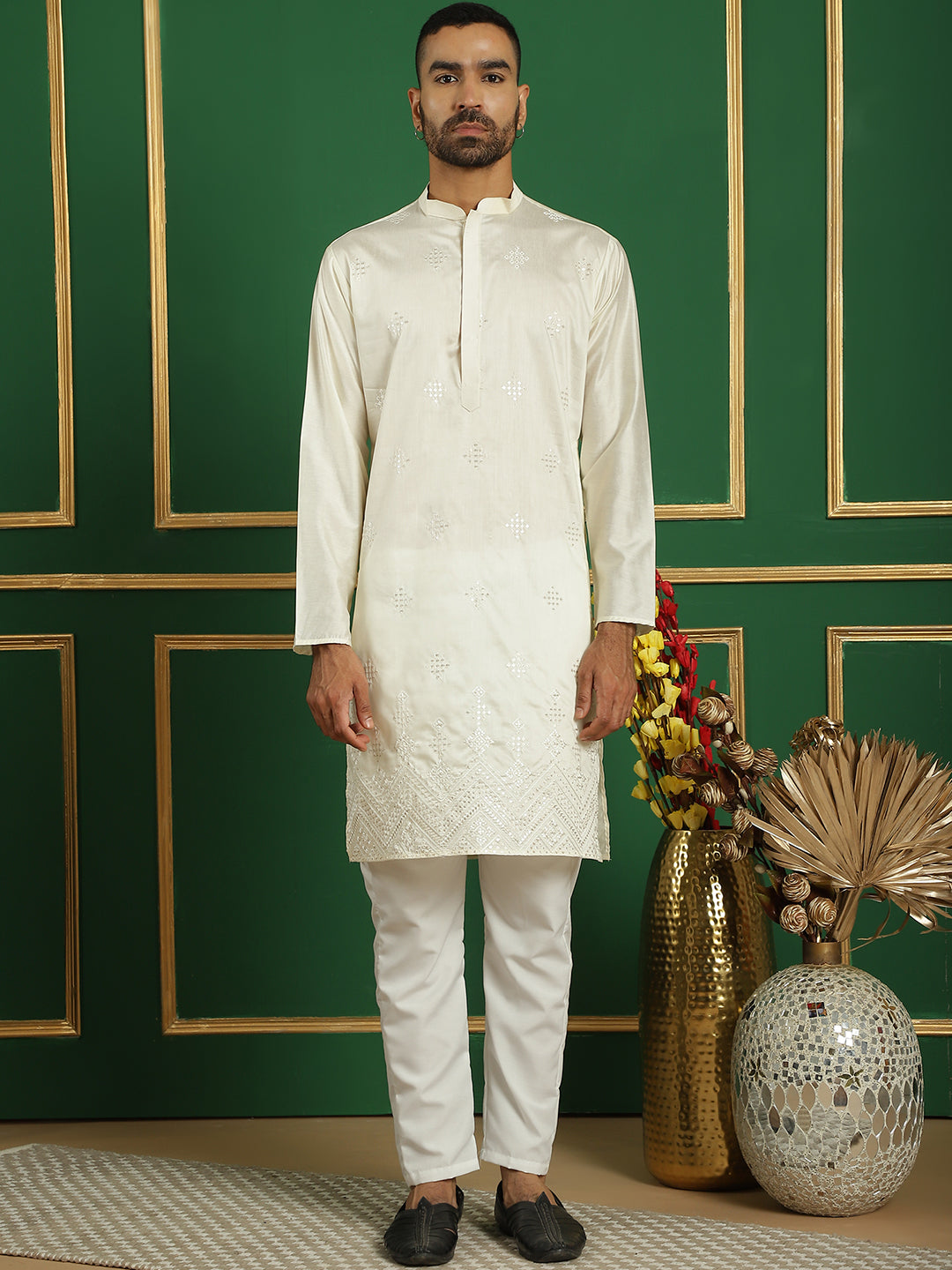 Men's Pista Green Embroidered Indian Kurta | Silk Kurta
