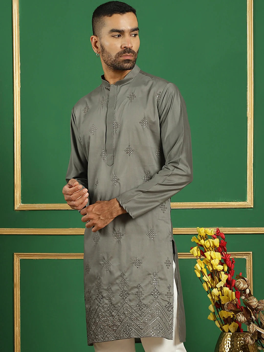 Yellow Embroidered Silk Kurta - Indian Kurta for Men